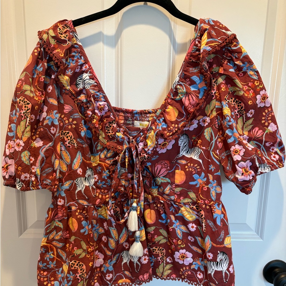 Anthropologie Maeve Multicolor Animal Blouse with Tassels